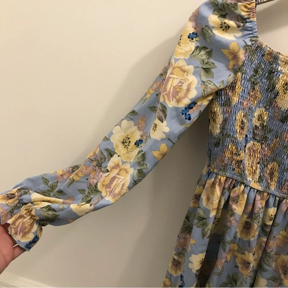 NWT HL Affair Floral Mini Dress Small blue yellow smocked long sleeve - Picture 5 of 12